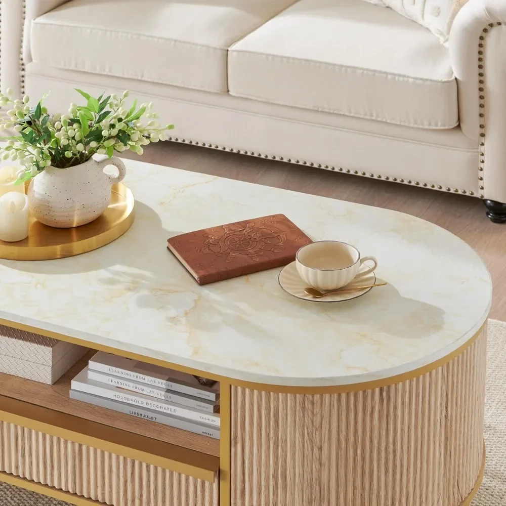 Modern Luxury Fluted Coffee Table, 48" Oval Coffee Table with Drawer, Faux Marble Top, Curved Profile Design, Gold Metal Decor