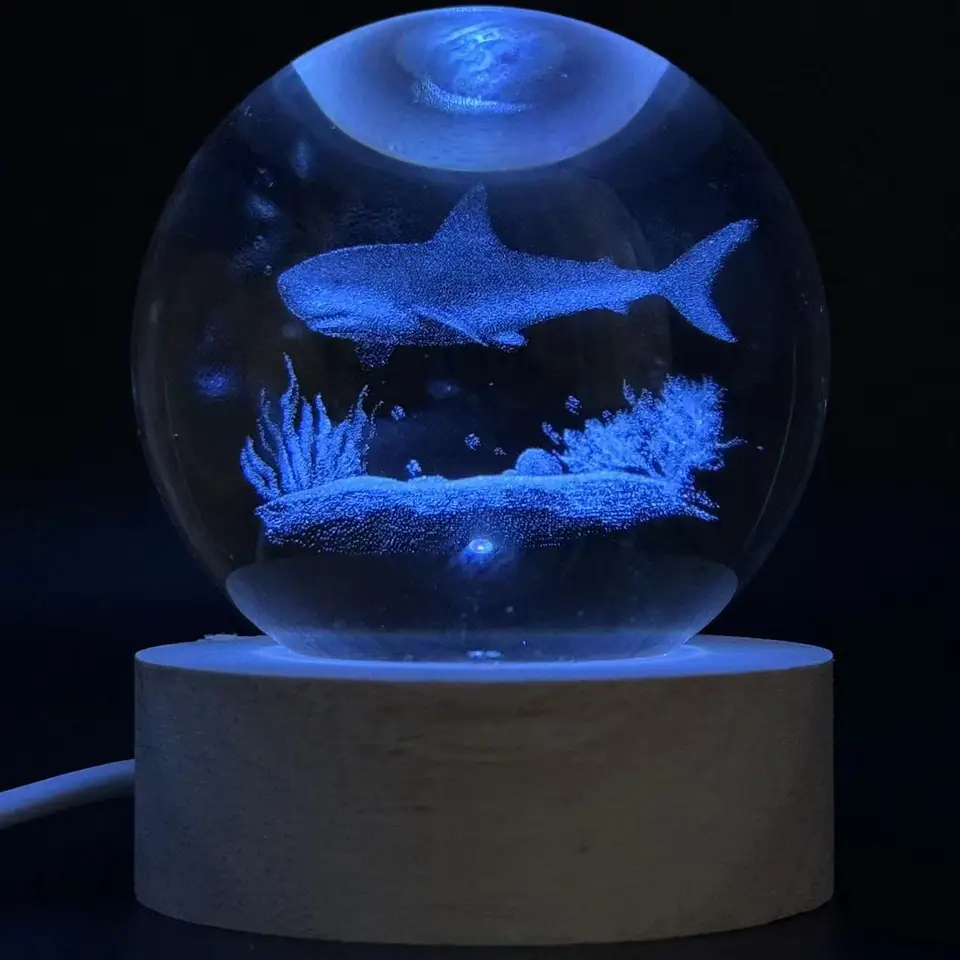 Marine Animals Jellyfish Engraved Crystal Ball Night Light Ornaments Ocean Series Glass Ball With Illuminated Led Light Base - View #10