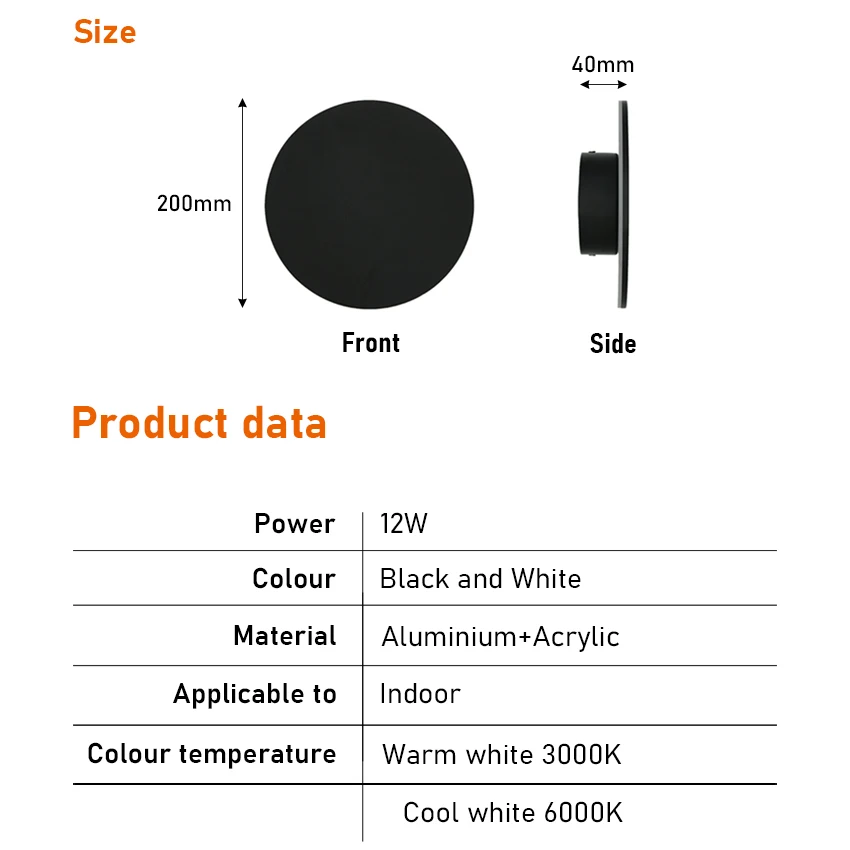 현대 LED 벽 램프, 실내 홈 데코, 흑백 알루미늄 벽 조명, 원형 디자인, AC90-260V