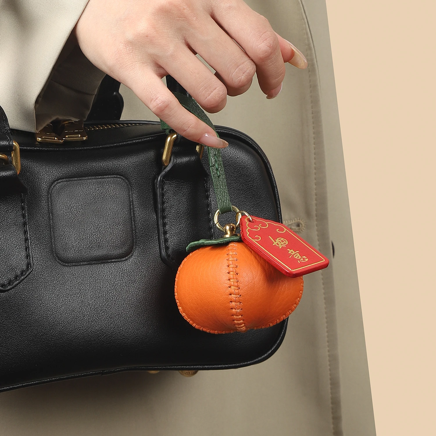 CRAZYSMITH Handmade Genuine Leather Bag Charm Persimmon Keychain Purse Charms Bag Pendant for Handbags Gift Bag Accessories