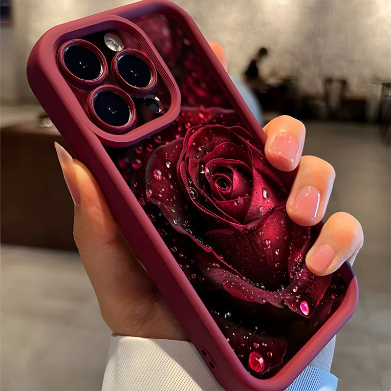 Elegant Raindrop Rose Pattern Soft Phone Case