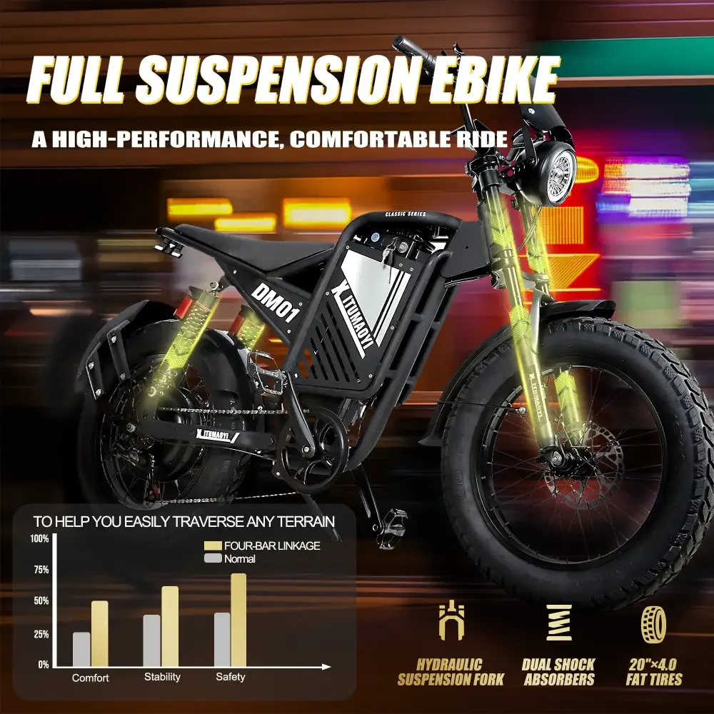 BAOLUJIE DM01 Motor Electric Bicycle 60V 30AH Battery Max Speed 42 MPH Electric Bike E-Bike Electric Motorcycle【1 Year Warranty】