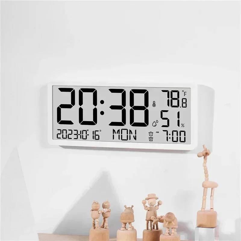 Digital Wall Clock Battery Powered LCD with Temperature Humidity Date Time Week Display Desktop & Wall Hanging