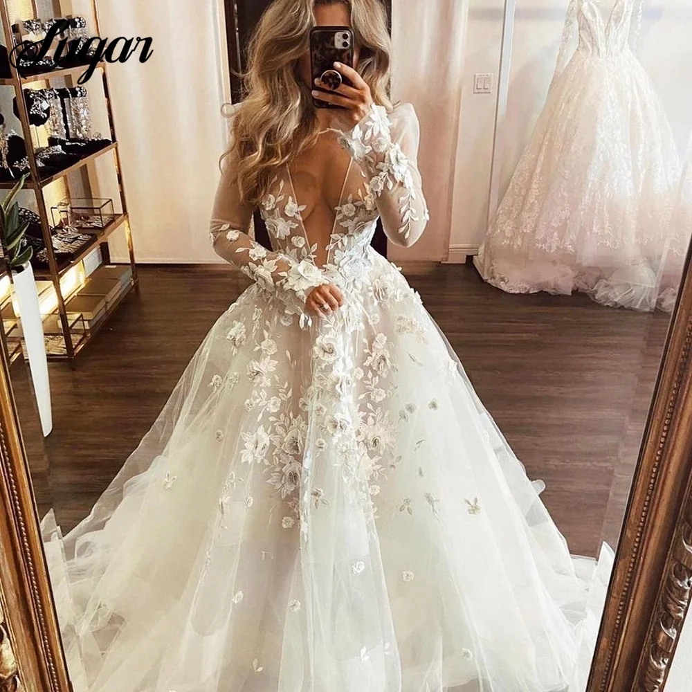 

3D Flowers Illusion Lace Wedding Gowns Low-Cut V-Neck Bohemia Princess A-Line Bride Gown Long Cap Sleeves Bridal Dresses