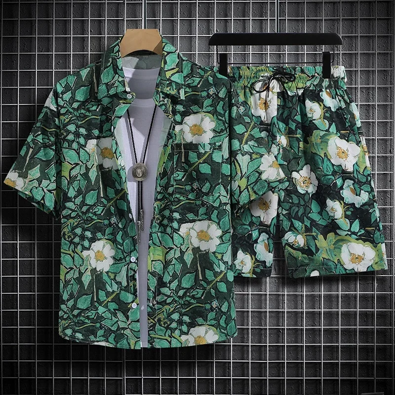 2024 New  Short Sleeve Floral Shirt Beach Suit Suit Men's Seaside Travel Clothes Hawei Style Thai Travel Couple Casual Tops