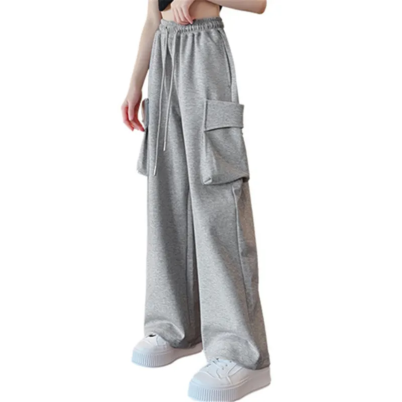 

Children Girls Cool Grey Cargo Pants 2023 Summer Cotton High Waist Straight Big-Pocket Sport Sweatpants 5-14Years Kids Trousers