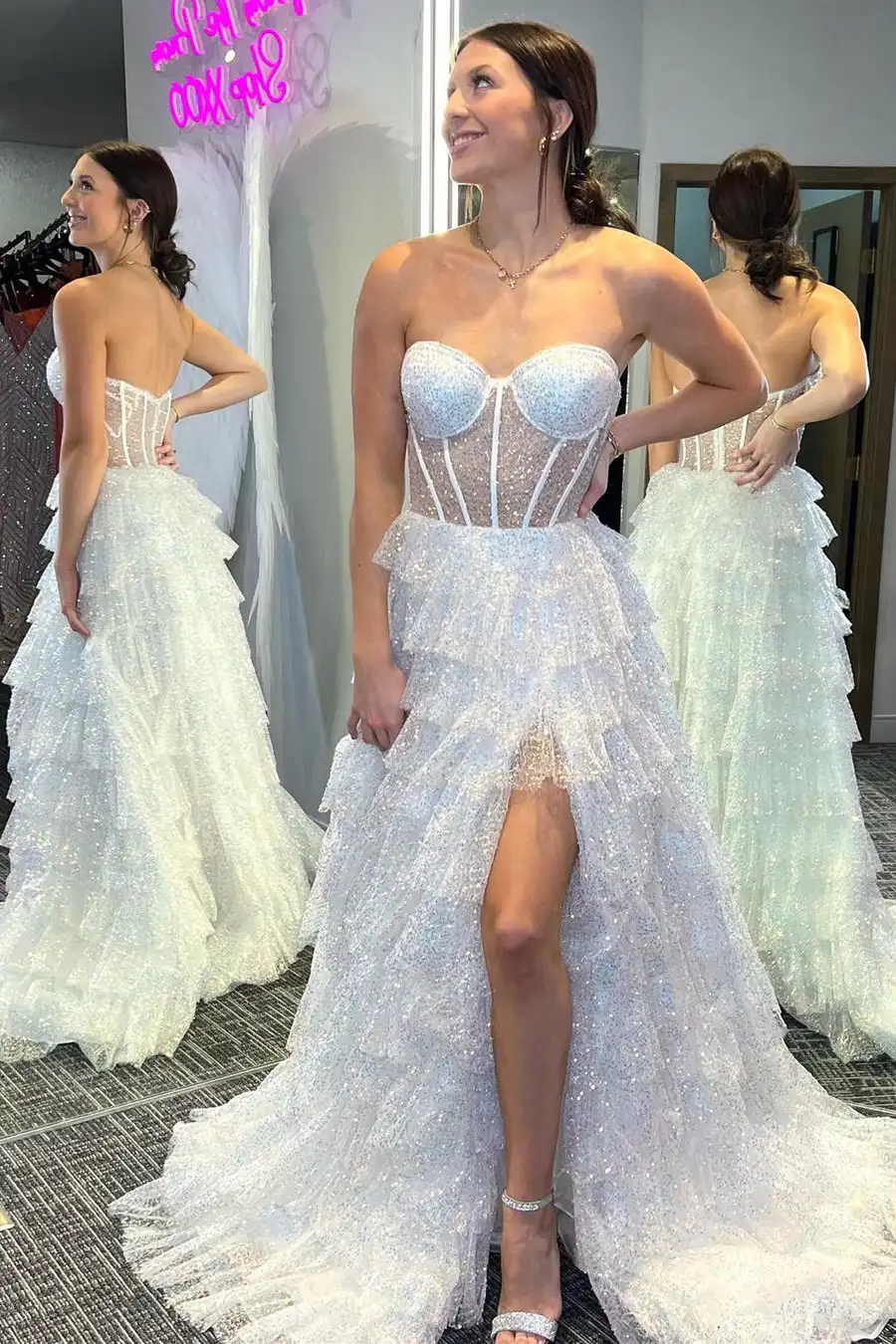 

Glitter Tulle Corset Ruffle Tiered Long Prom Dress with Slit Ball Gown Strapless Wedding Dresses Floor Length Evening Gown