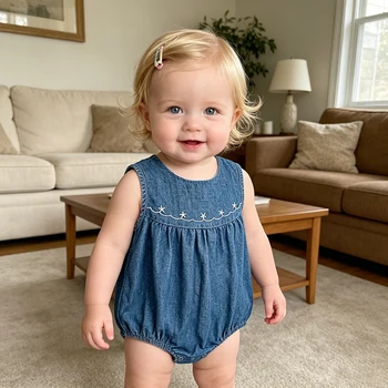 Tutina Estiva 2026 per Neonata, Pagliaccetto in Denim per Bambina 0-24M, Tuta Senza Maniche in Cotone per Bambina