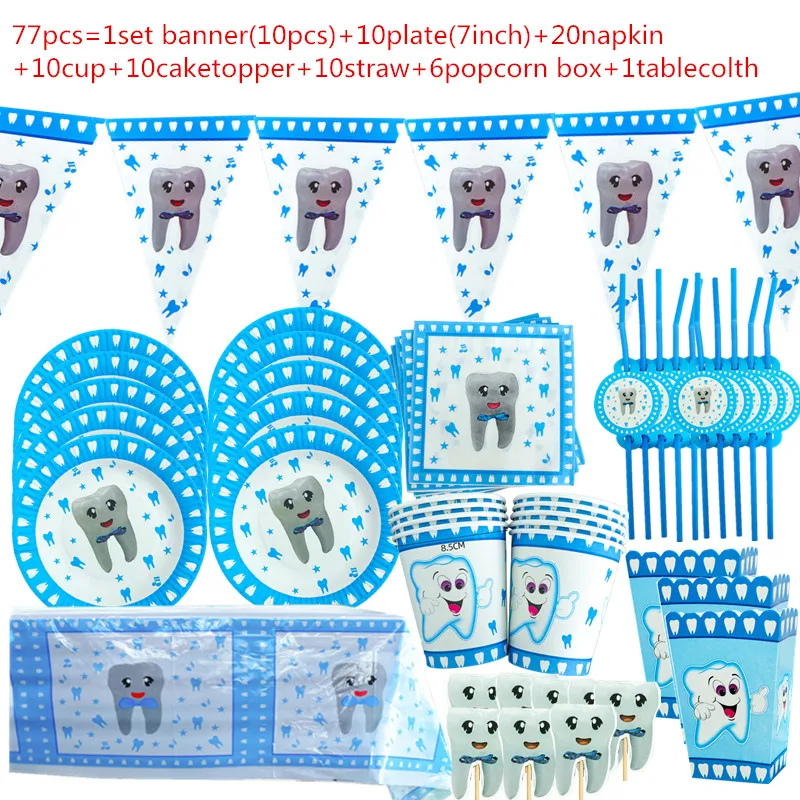 

Blue Teeth Birthday Party Supplies First Tooth Disposable Cups Napkins Tablecloths Plates Boy's Birthday Party sets Tableware