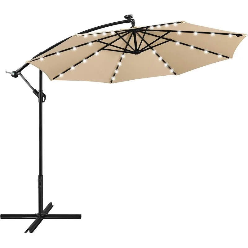 10FT Solar Offset Umbrella with 32 LED Lights Cantilever Hanging Outdoor Umbrellas Handy Crank & Cross Base