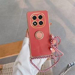 Luxury Plating Ring Holder Crossbody Lanyard Phone Case - Elegant Back Cover for Redmi Note13pro Plus (Gs zh camellia red)