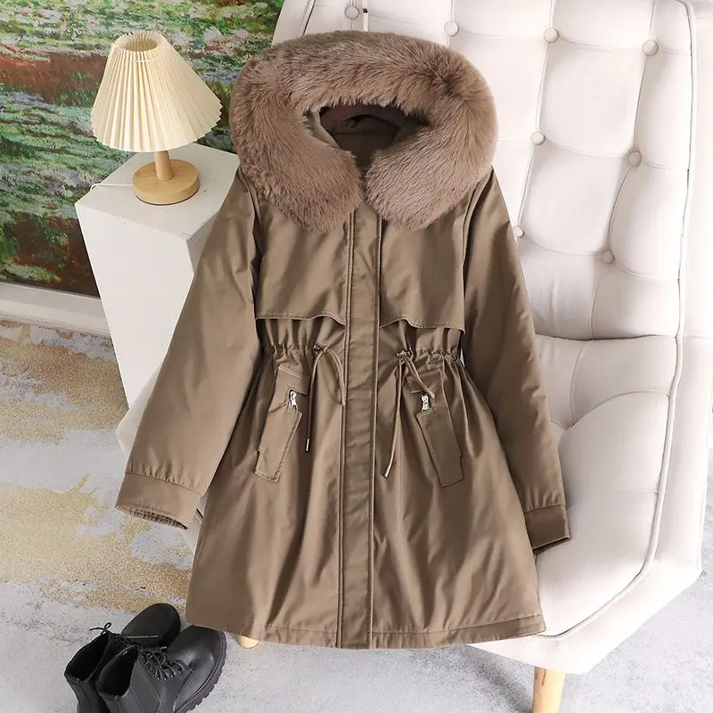 

Winter Women Parka 2023 Fashion Long Coat Wool Liner Hooded Parkas Slim Fur Collar Jacket Female Warm Snow Wear Padded Clothes
