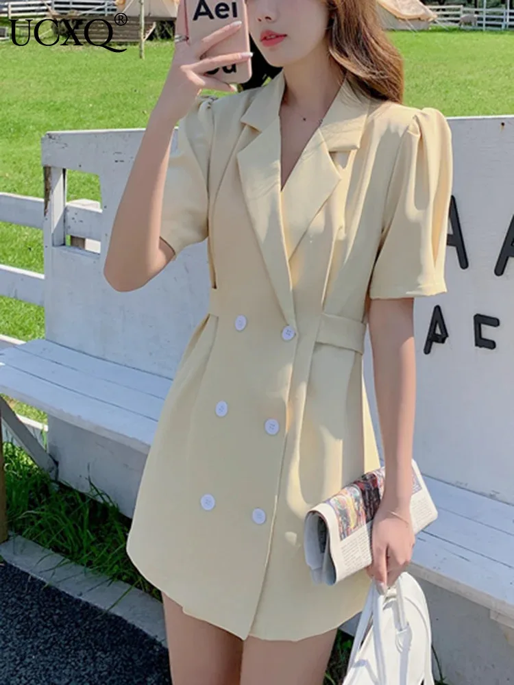 

UCXQ Korean Style Suit Collar Double Breasted Solid Color Dress Elegant Fashion Short Sleeve Dresses Women 2024 Spring Summer 61