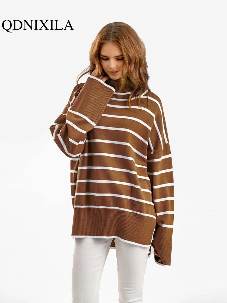

Women's Sweater Autumn Winter Female Clothing 2023 New In Pullover Contrast Striped Turtleneck Long Sleeve Casual Tops Knitwears