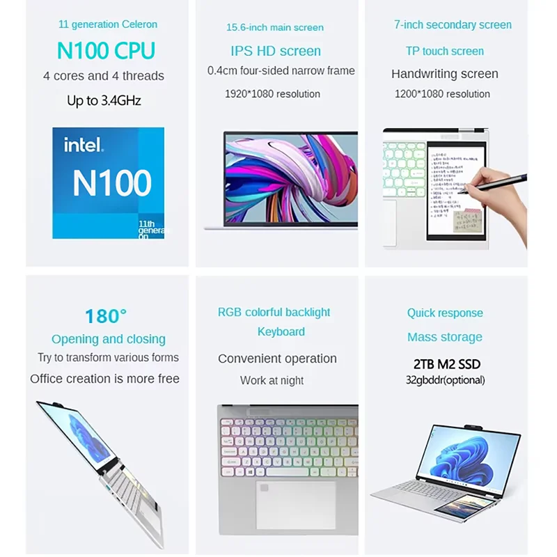 Laptop Dual Screen Intel Celeron N100 15.6''+7'' 32GB DDR4 2TB SSD Fingerprint Unlock HD Camera Backlit Keypad 3.4 GHz Notebook 5