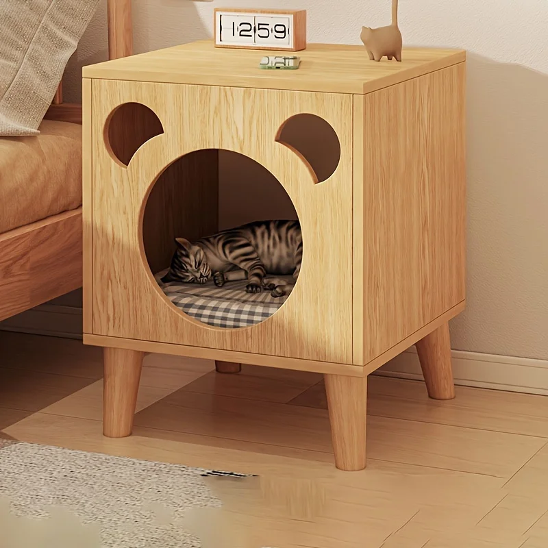 1pc Wooden Cat House, Sturdy Cat Furniture Bedside Table, Elevated Cat Sleeping Cave Nest For Indoor Cats Kittens