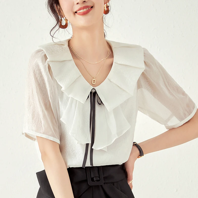 

2023 Summer Women's White Shirt Elegant Shirts Peter pan Collar Short Sleeve Blouses Woman 75% Real Silk Blouse Women Solid Tops