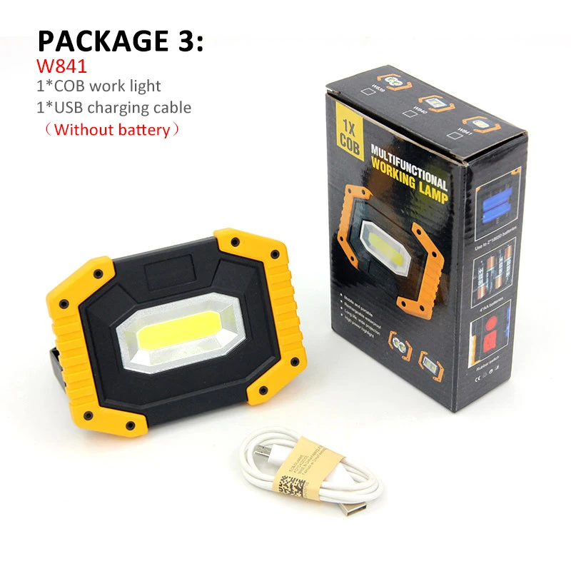 휴대용 COB LED 투광 조명, 충전식 투광 조명, 야외 램프 손전등, 구매 옵션 18650 배터리, 20W