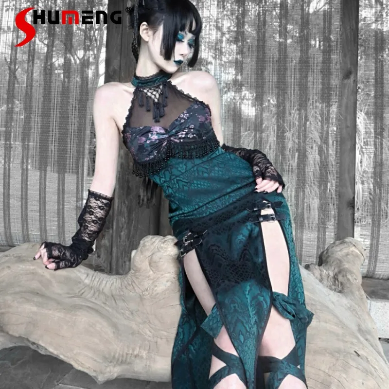 

Heavy Industry Sexy Jacquard Cheongsam Halloween Mesh Improved Slit Dress Spring And Summer New Women's Clothes Halter Vestidos