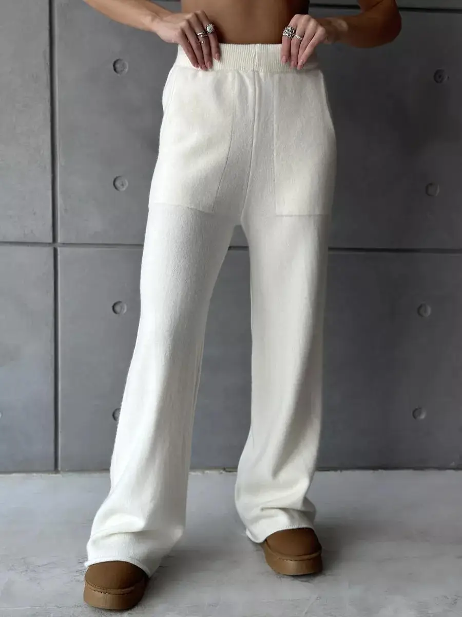 Knit Zipper Women's Pants Sets For Women Slim Lapel Long Sleeve Pullover And Patchwork Straight Legg 2 Piece-Set Winter