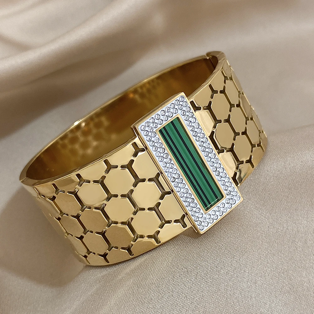Chunky Wide Hollow Honeycomb Geometric Shape Stainless Steel Bracelet Bangle with Rhinestone Green Shell Cuff Waterproof Jewelry