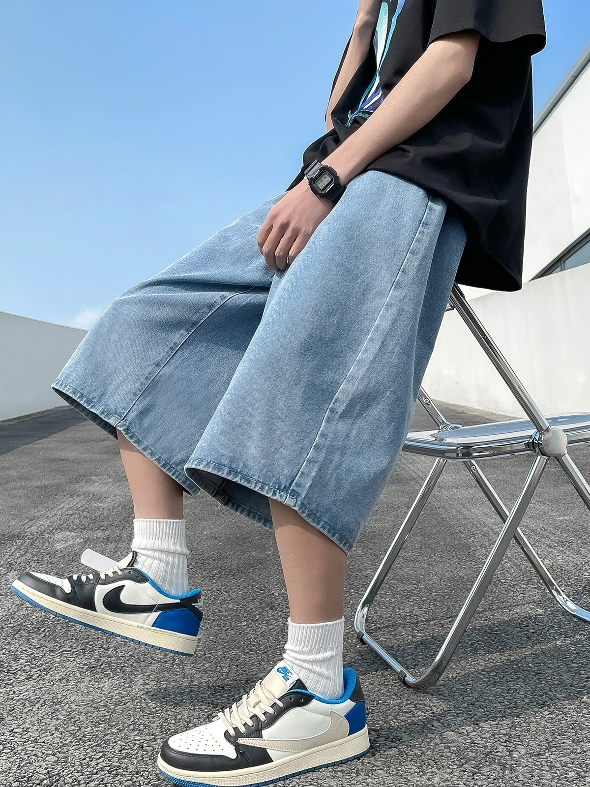 Men's Short Jeans Pants Cargo Loose Baggy Drawstring Male Denim Shorts with Pockets Wide Loose Original Cowboy Buttons A164