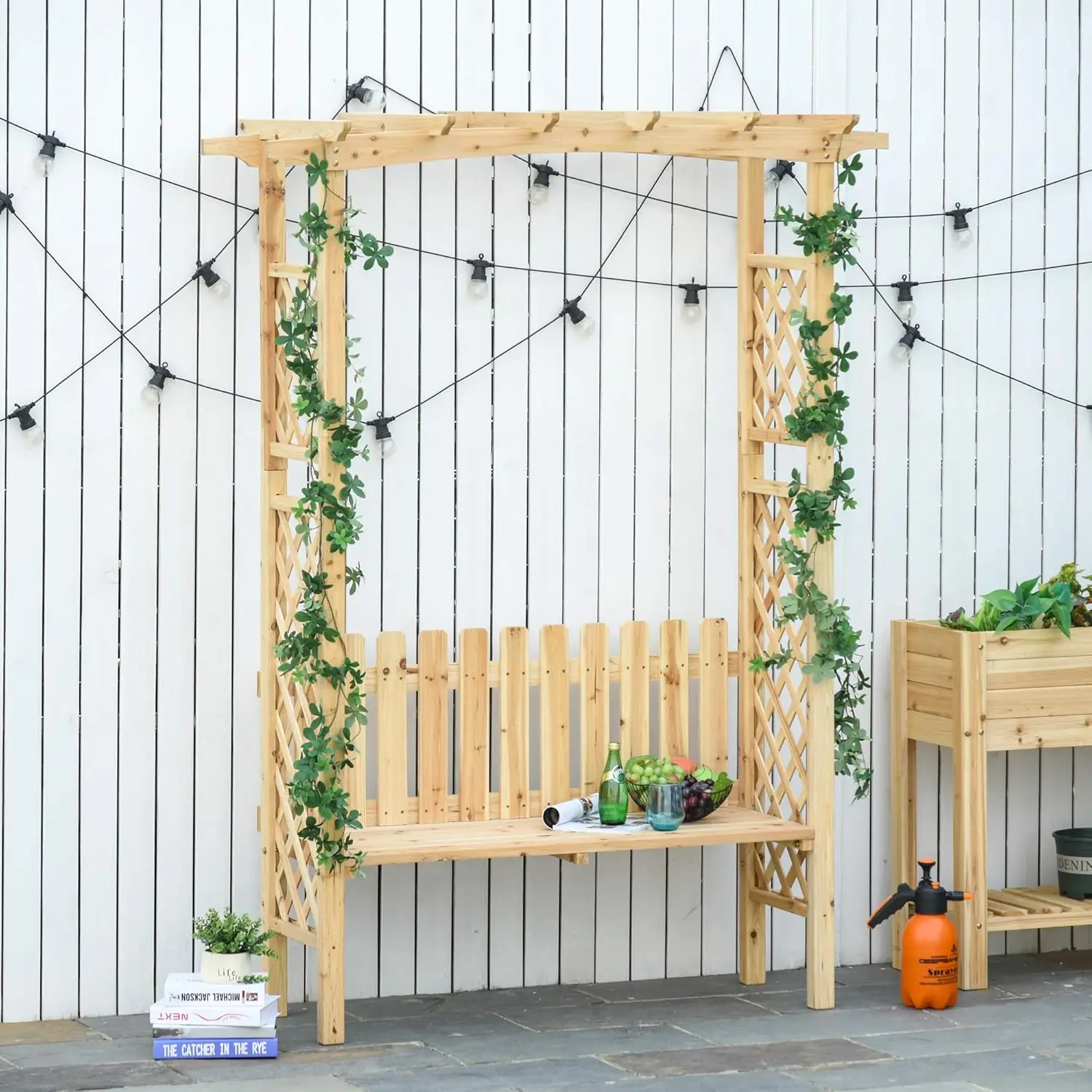 Wooden Garden Arbor for Climbing Plants with Garden Bench, Arch to Grow Grapes & Vines, Patio Decor & 2-Person Outdoor Wo