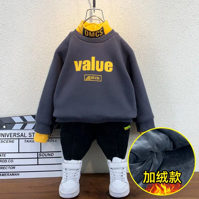 

Children's Fleece-Lined Sweater Men's 2022 Autumn and Winter New Boys' Fake Two-Piece Thickened Baby Half Collar Top