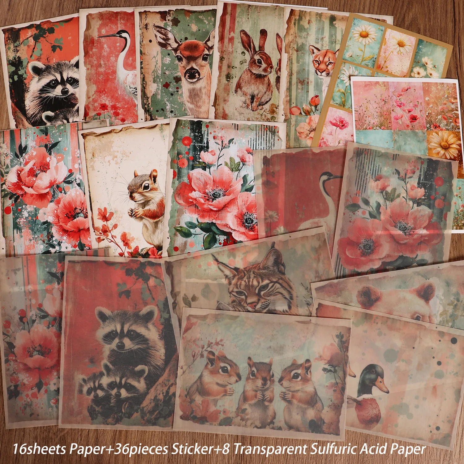 16 Blatt Papier, 8 transparente Schwefelsäurepapiere und 24 Aufkleber, Blumen Tiere DIY Scrapbook Dekorpapier, für Kunsthandwerk – Detail 8
