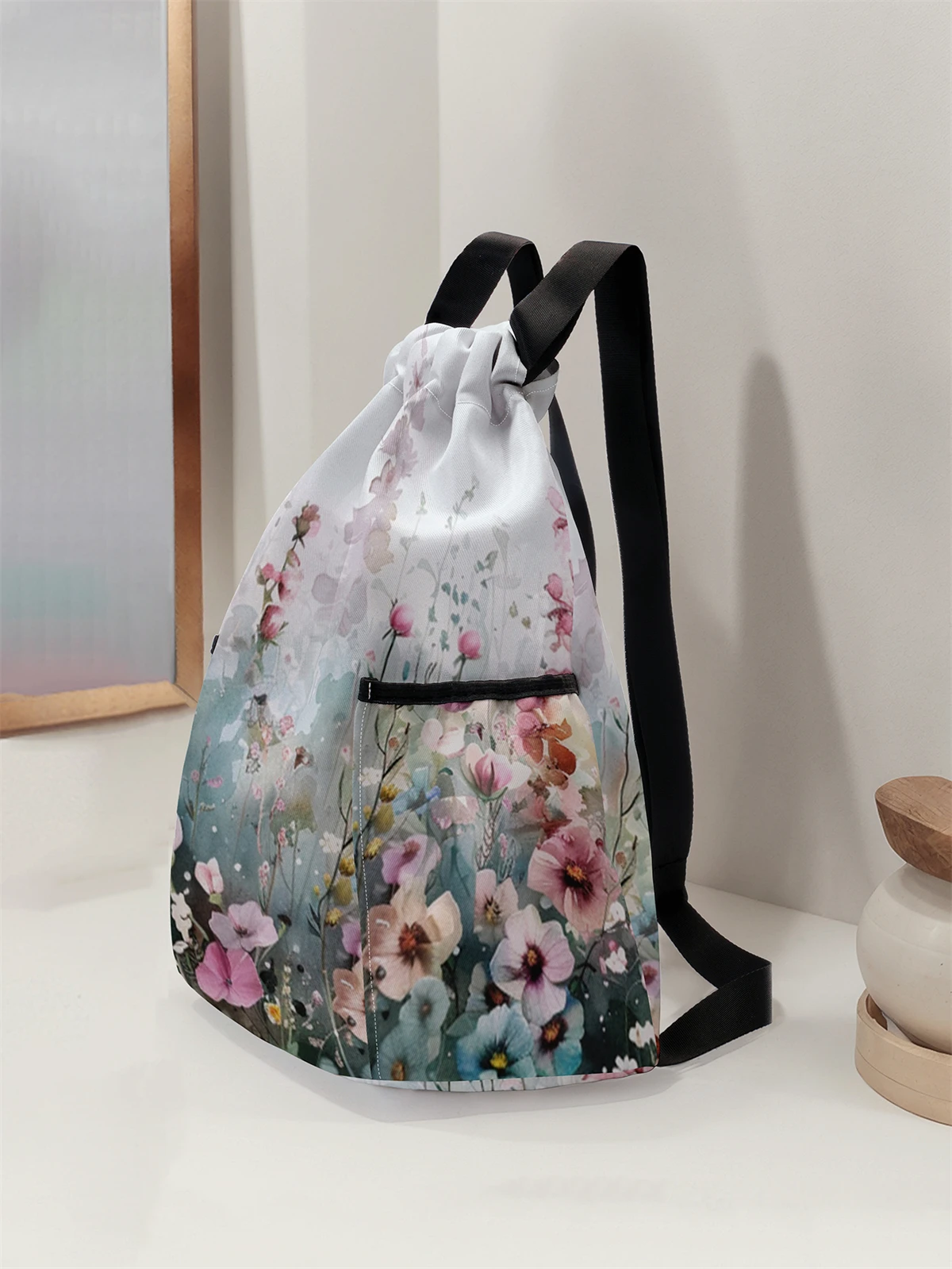 Floral Pattern Printed Drawstring Backpack - Large Capacity Durable Fitness Bag, Sports Beach Backpack
