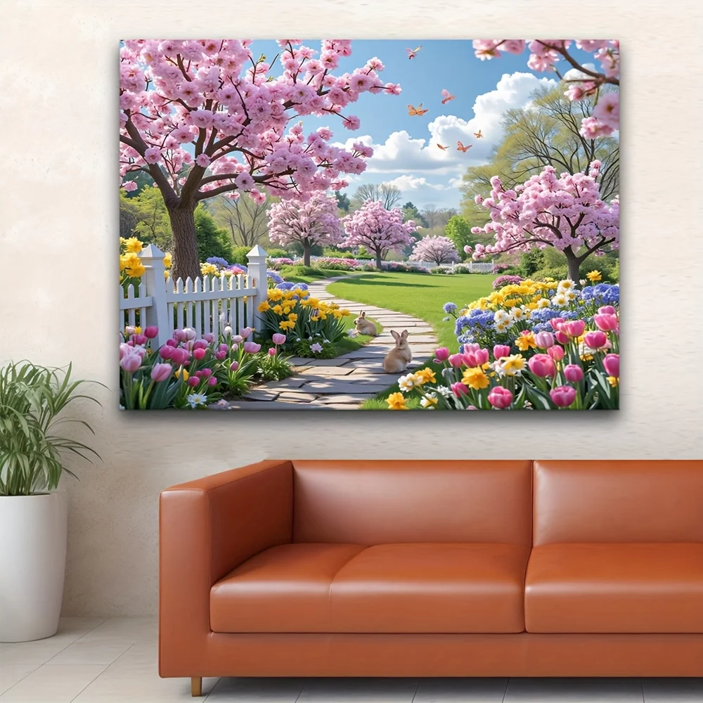 Ein 2D-Flachbanner, ein lebendiger Gartenweg im Frühling, blühende Bäume und Schmetterlinge, perfekt zum Dekorieren Ihres Zuhauses – Detail 6