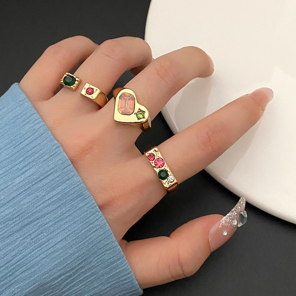 FNIO 2022 New Design Korea Fashion Resin Crystal Metal Rings for Women Girl Party Trendy Stone