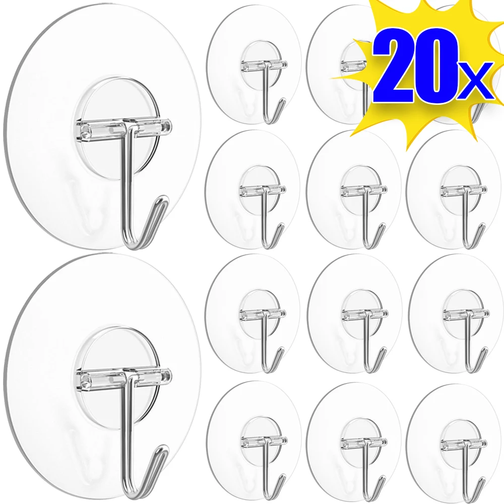 

20-1PCS Punch Free Transparent Hooks Self-Adhesive Plastic Towel Hooks Multi-Purpose Keys Cloth Bath Kitchen Wall Hanging Holder