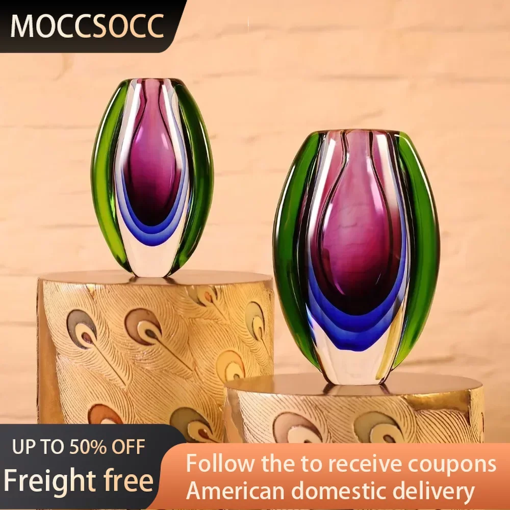 

Hand Blown Sommerso Oval Art Glass Vase for Decor Centerpiece Table Decoration Purple 10 Inch Tall Home Decorations Vases Room