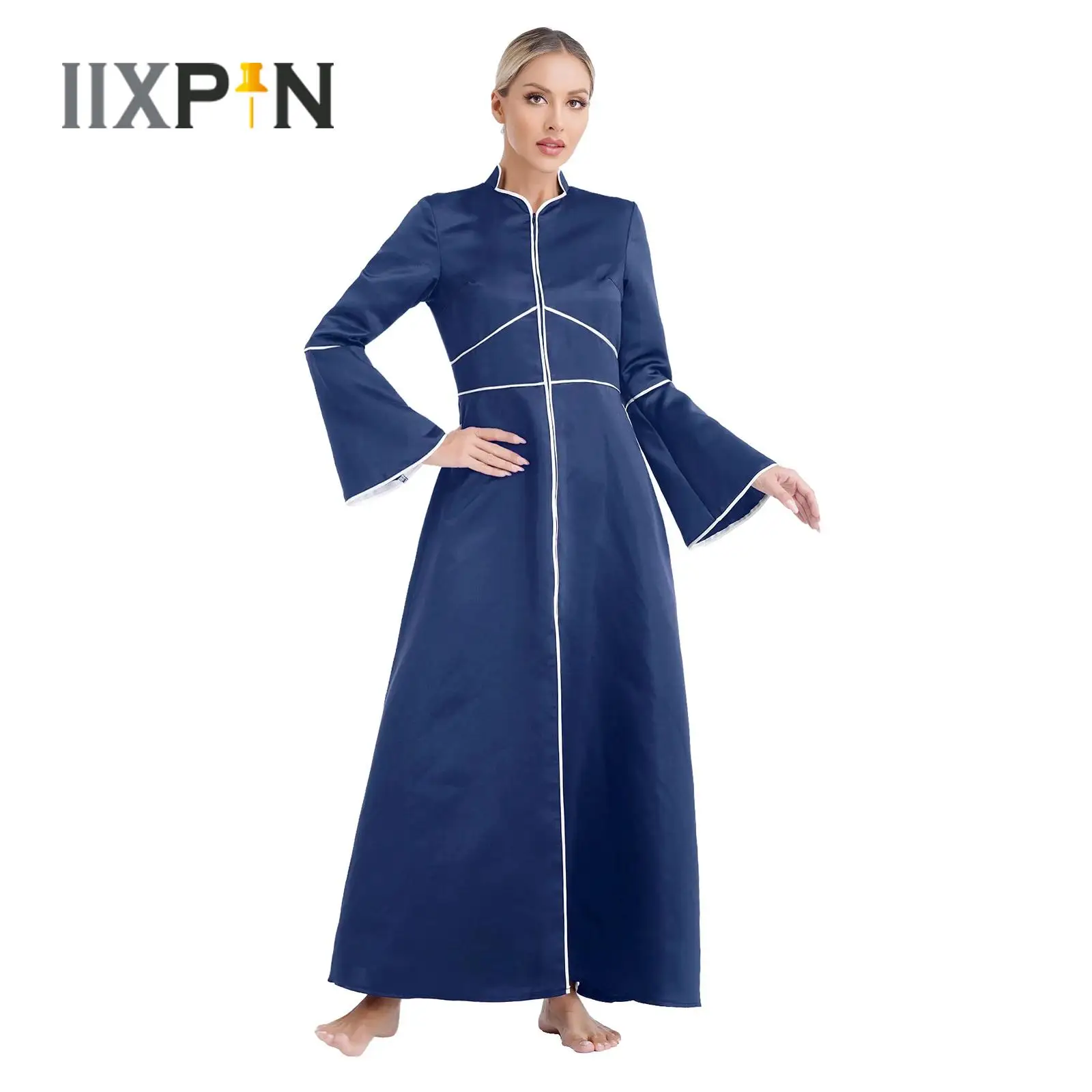 

Womens Elegant Church Clergy Robe Dress Flared Sleeves A-Line Maxi Dress Gown Halloween Theme Party Priest Role Play Costume