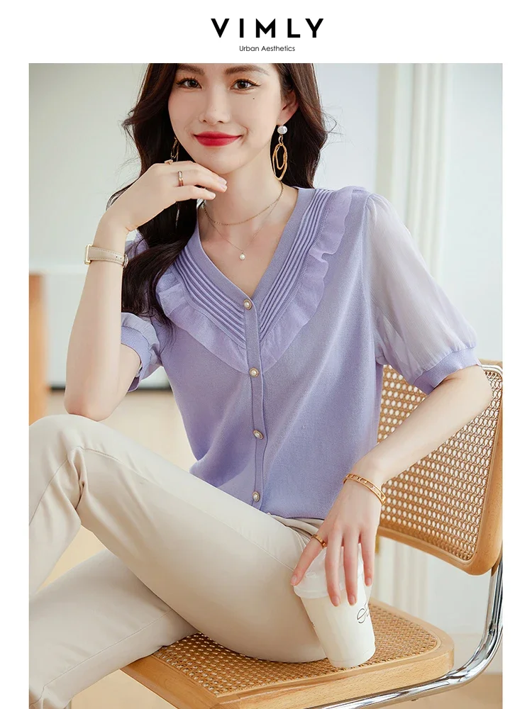 

Vimly Summer Pullovers Elegant Knitted Sweaters for Women 2023 Patchwork V-neck Button Straight Thin Knitwear Female Clothing