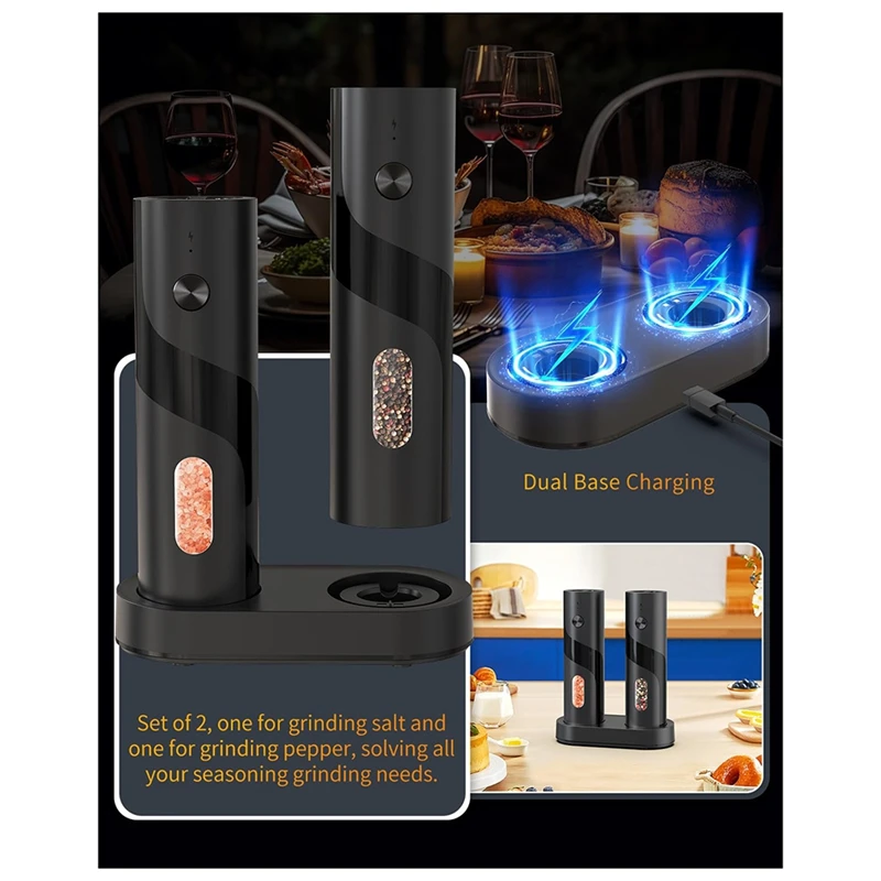 Electric Rechargeable Salt And Pepper Grinder Set Top-Refill Automatic Pepper Mill Grinder With Charging Base
