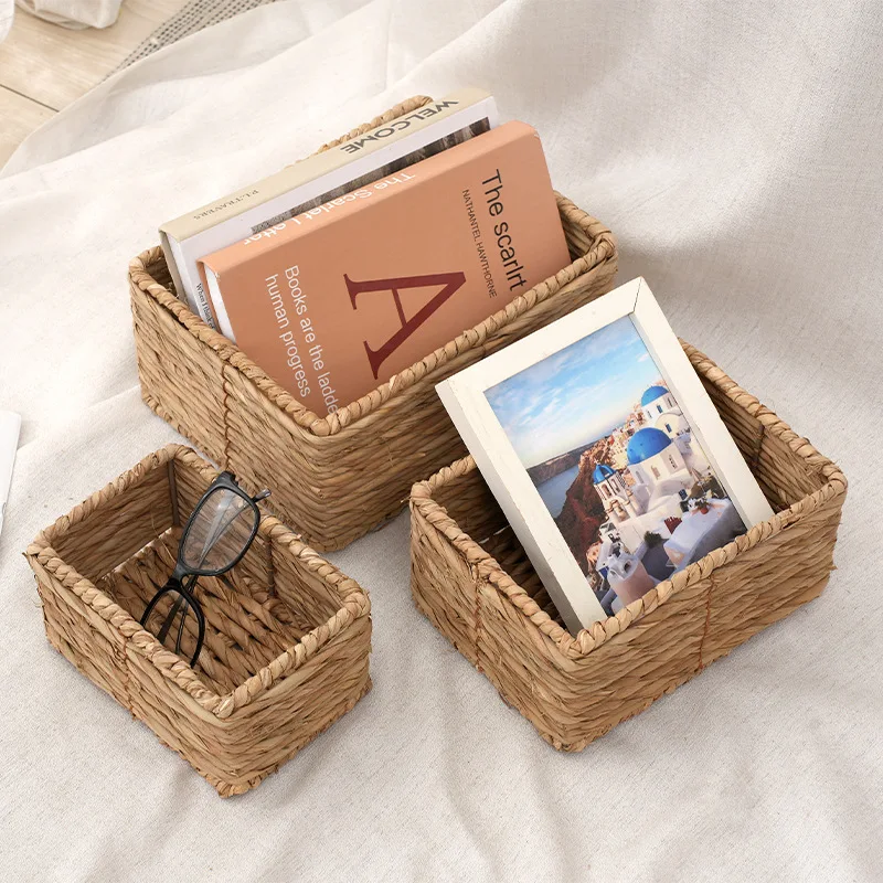 

Тканая корзина для хранения, органайзер, трава, прямоугольная настольная косметика, простые современные органайзеры для всякой всячины