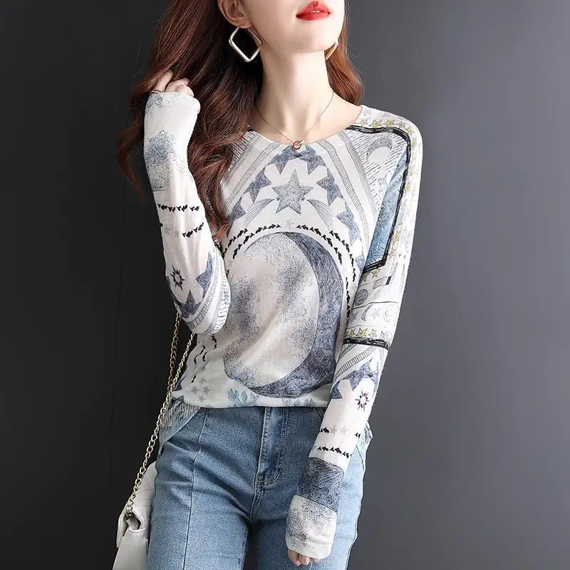 Fashionable Thin Sweater Western Style Spring and Autumn New Knitwear Printed Round Neck Pullover Base Shirt Thin Top for Women toaiot magnetic sticker 1 2mm magnetic base thickness 120 165 180 220 250 255 330 350mm size 3d printed parts for 3d printer