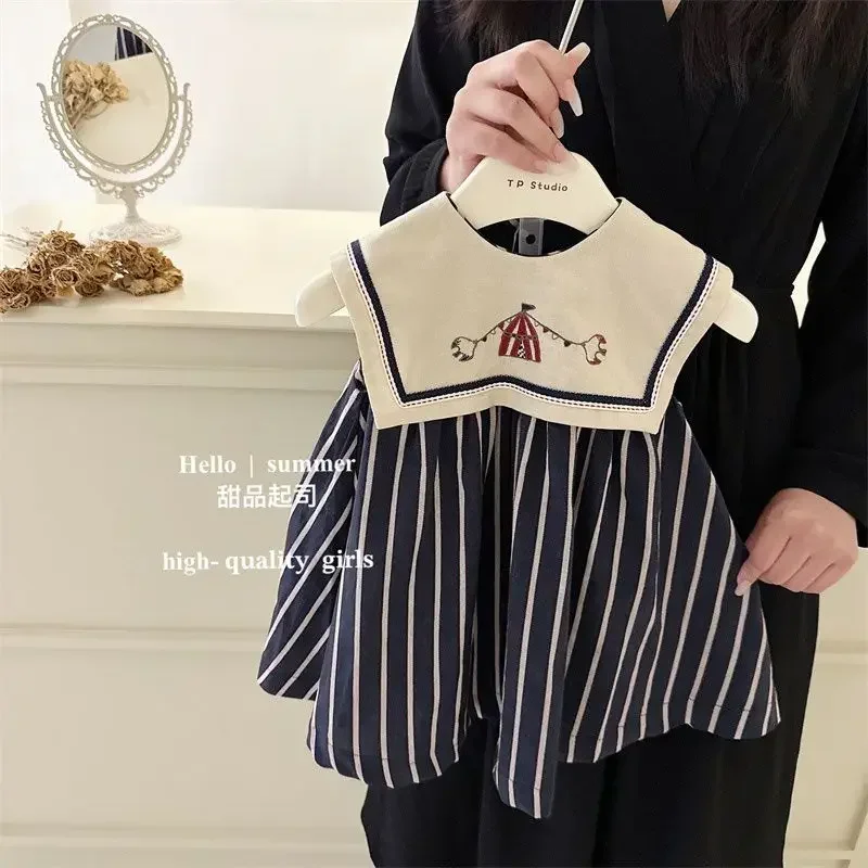 Children's Summer Pure Cotton Dress Sleeveless Big Neck Embroidered Stripe Casual Dress for Girls