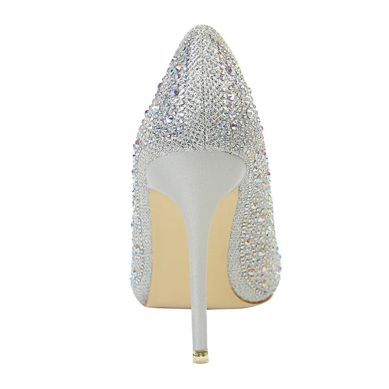 Women Shoes Pointed Toe Pumps Shallow mouth Pointed Rhinestone Colorful diamond 10CM thin High Heels Boat Wedding Dress Office
