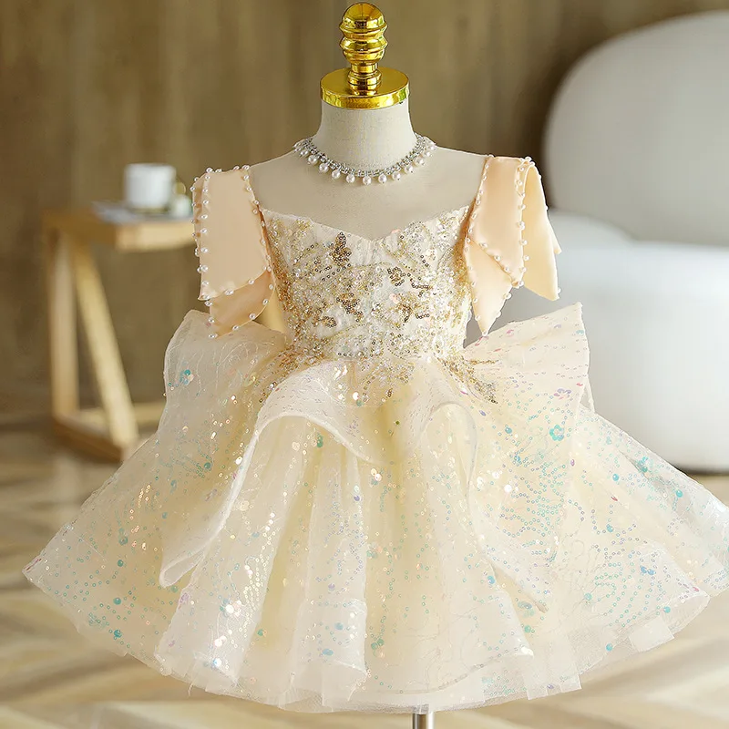 

2023 High-End Flower Girls Dresses Kids Turkish Sequin Ball Gowns Vintage Spanish Children Birthday Party Dress for Easter Eid