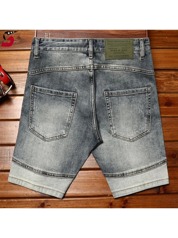 High-End Locomotive Denim Shorts for Men2024Summer Fashion Personality Stitching Design Casual Stretch Retro Cropped Pants