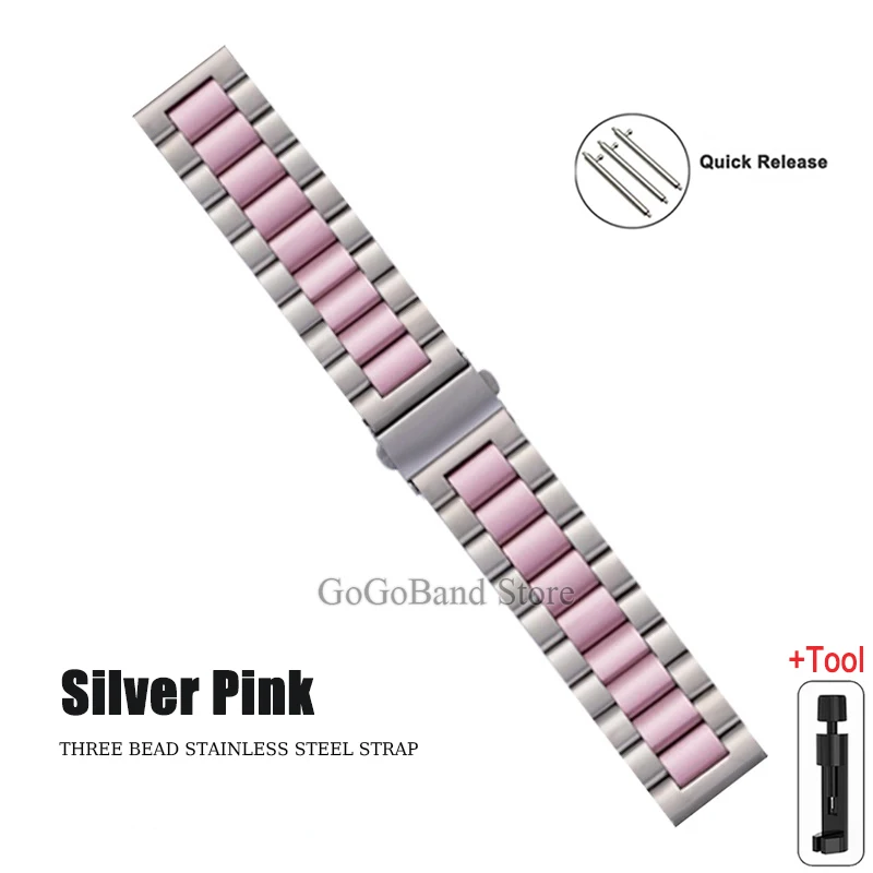 Premium Stainless Steel Watch Band, 20mm/22mm, Metal Strap, Silver/Black Finish