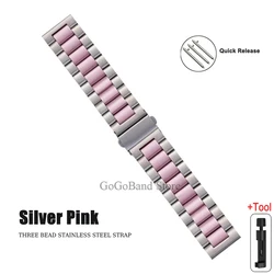 Premium Stainless Steel Watch Band, 20mm/22mm, Metal Strap, Silver/Black Finish - 22mm (Silver pink)