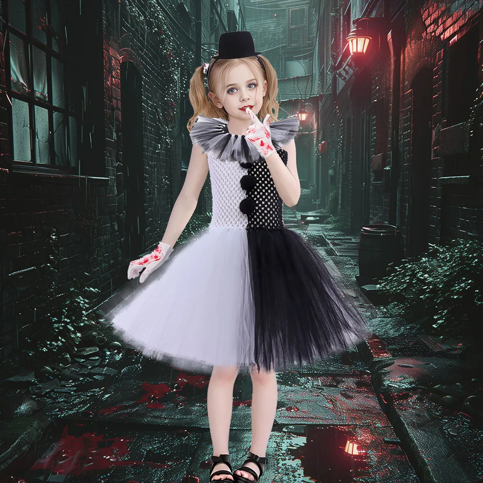 HERMORRYSS Disfraz De Payaso Para Niña, Disfraz Payaso Terrorifico, Vestido De Payaso Malvado Con Tirantes En Blanco Y Negro, Traje Con Tocado Y Calcetines Para Halloween, Cosplay (Modelo B, L