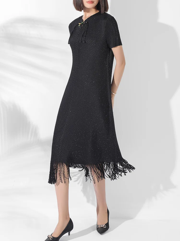 MIYAKE new Chinese style temperament slimming women's style wearing high-end mid to long qipao tassel dress [0690]