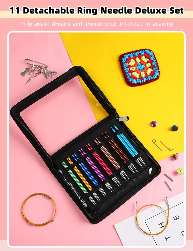 Description Picture 2 of itemQZLKNIT Interchangeable Circular Knitting Needles Sets 22PCS Aluminun Crchet Needles Red Color Bag Sewing Tool Accessories Gift