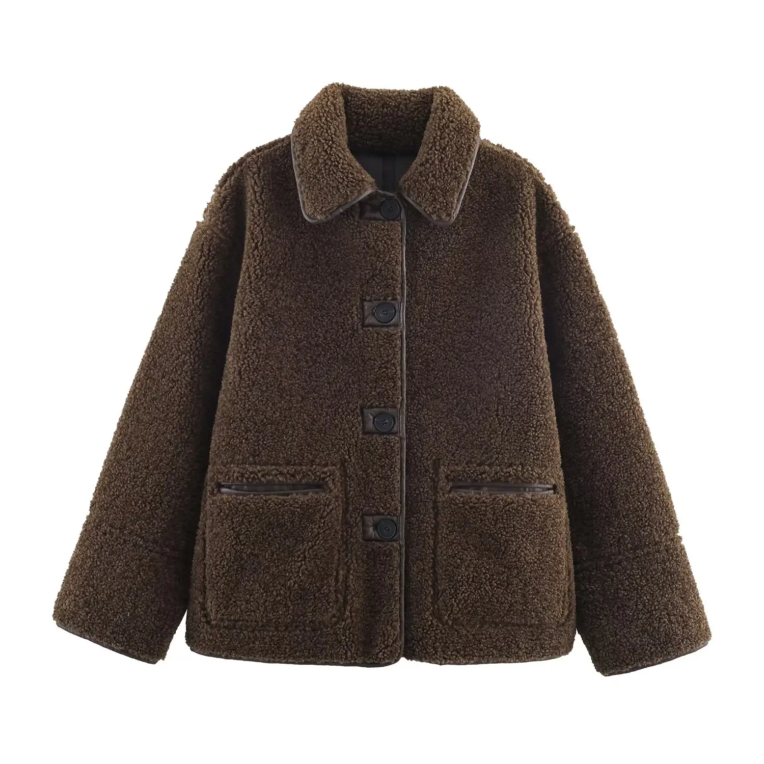 Women Warm Jacket - Casual Streetwear Single Breasted Lapel Collar Coat With Button Decoration