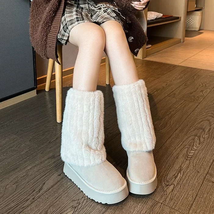 2023 New Brown All-match Warm Non-slip Thick Snow Boots Women's Winter Plus Fleece and Thick Woolen Cotton Shoes platform boots